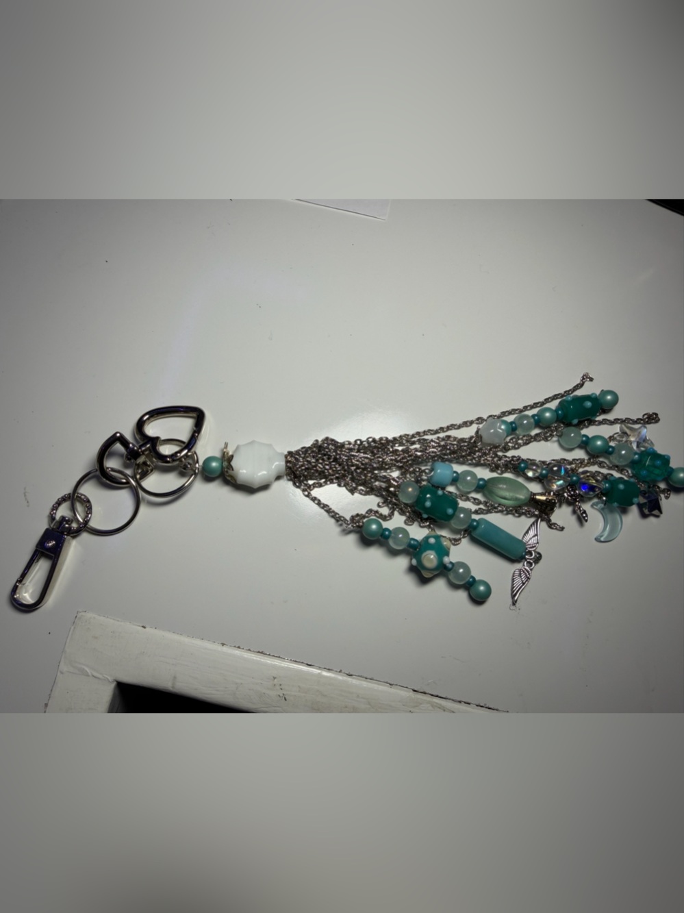 Turquoise Beaded Tassel Keychain/Bag Accessory/Clutch Holder w Silver Hardware